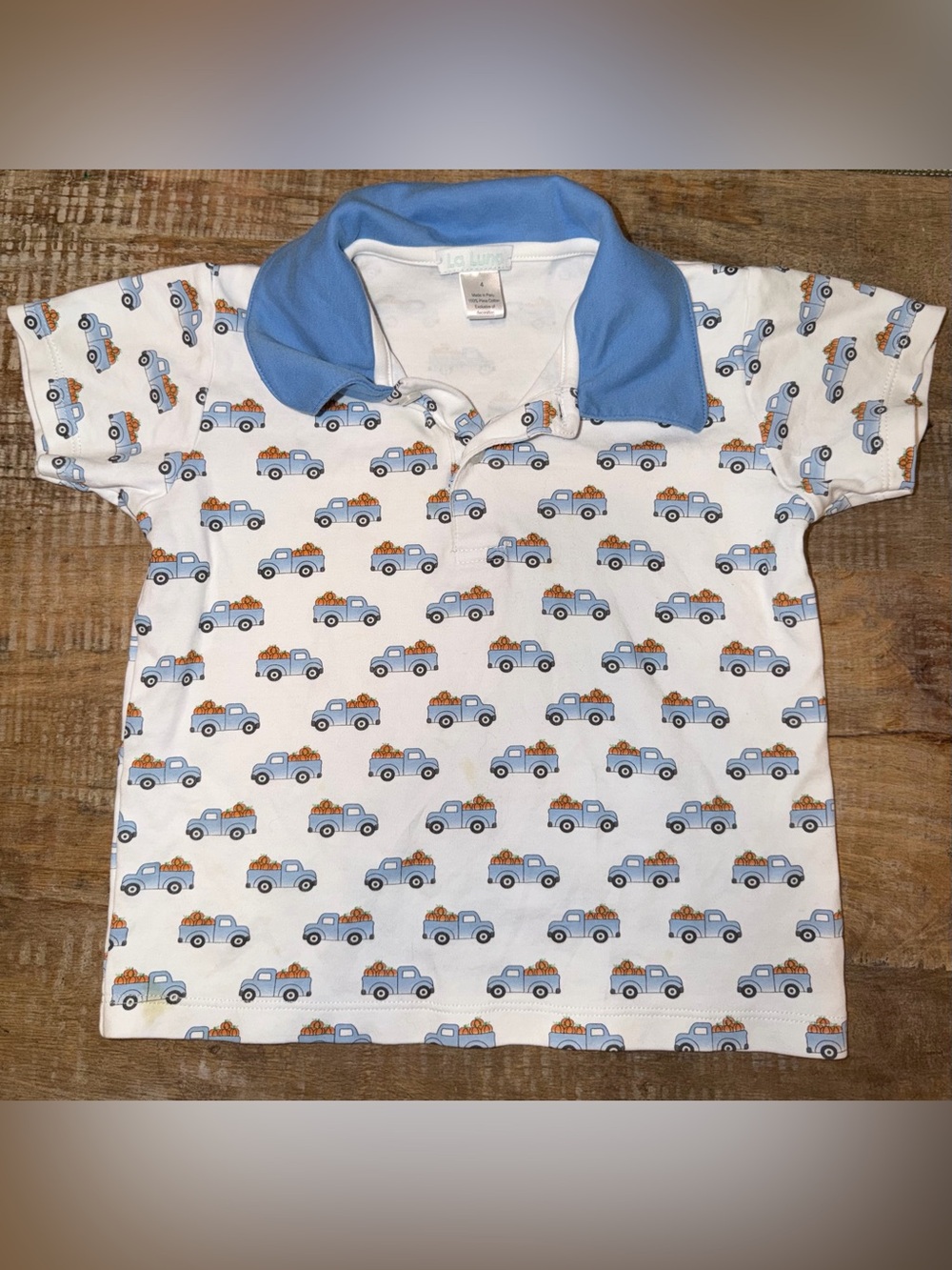Boys Blue Collar Polo Shirt with pumpkins in truck. Size 4. Play condition